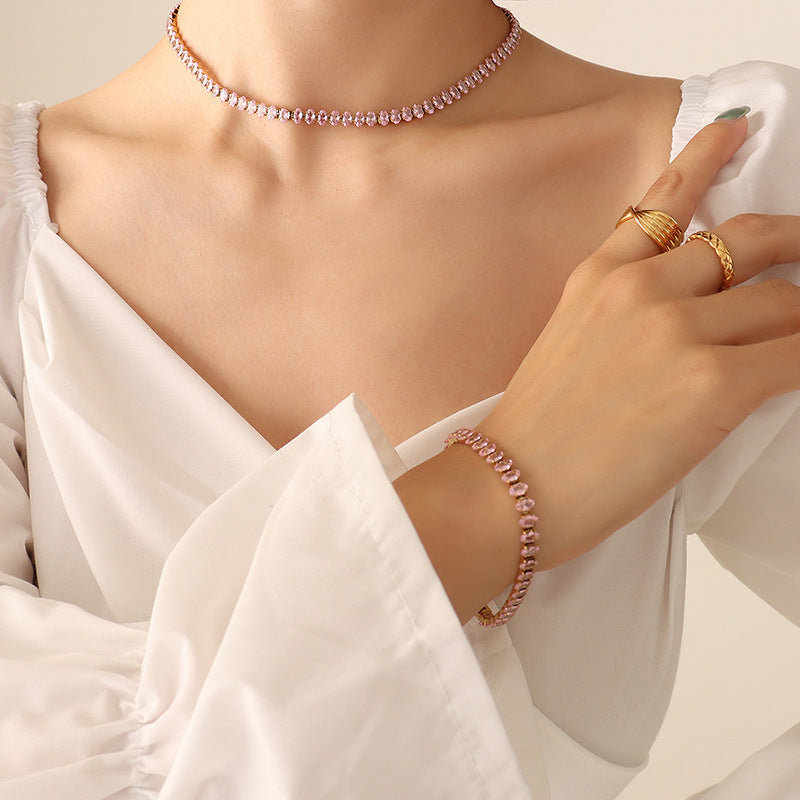 Wholesale elegant temperament solid color diamond zircon inlaid necklace bracelet jewelry set